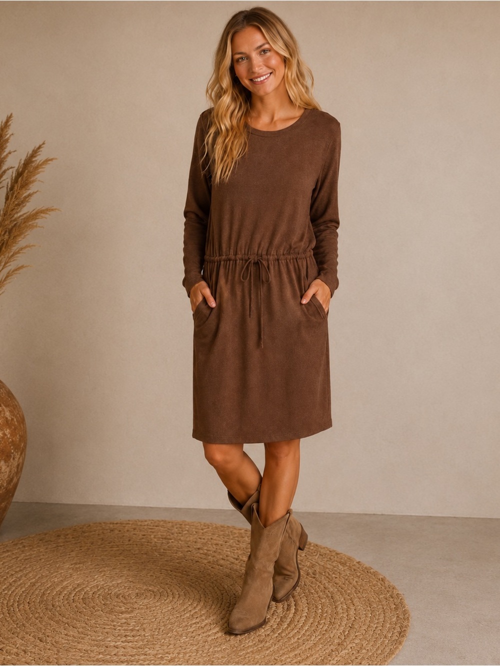 🌸Brown Drawstring-Waist Midi Dress size L relaxed fit casual loungewear classic